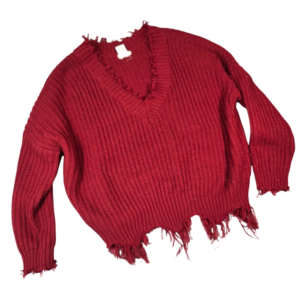 Main Strip Distressed V-Neck Sweater Burgundy Red Chunky Frayed Hem Large Grunge